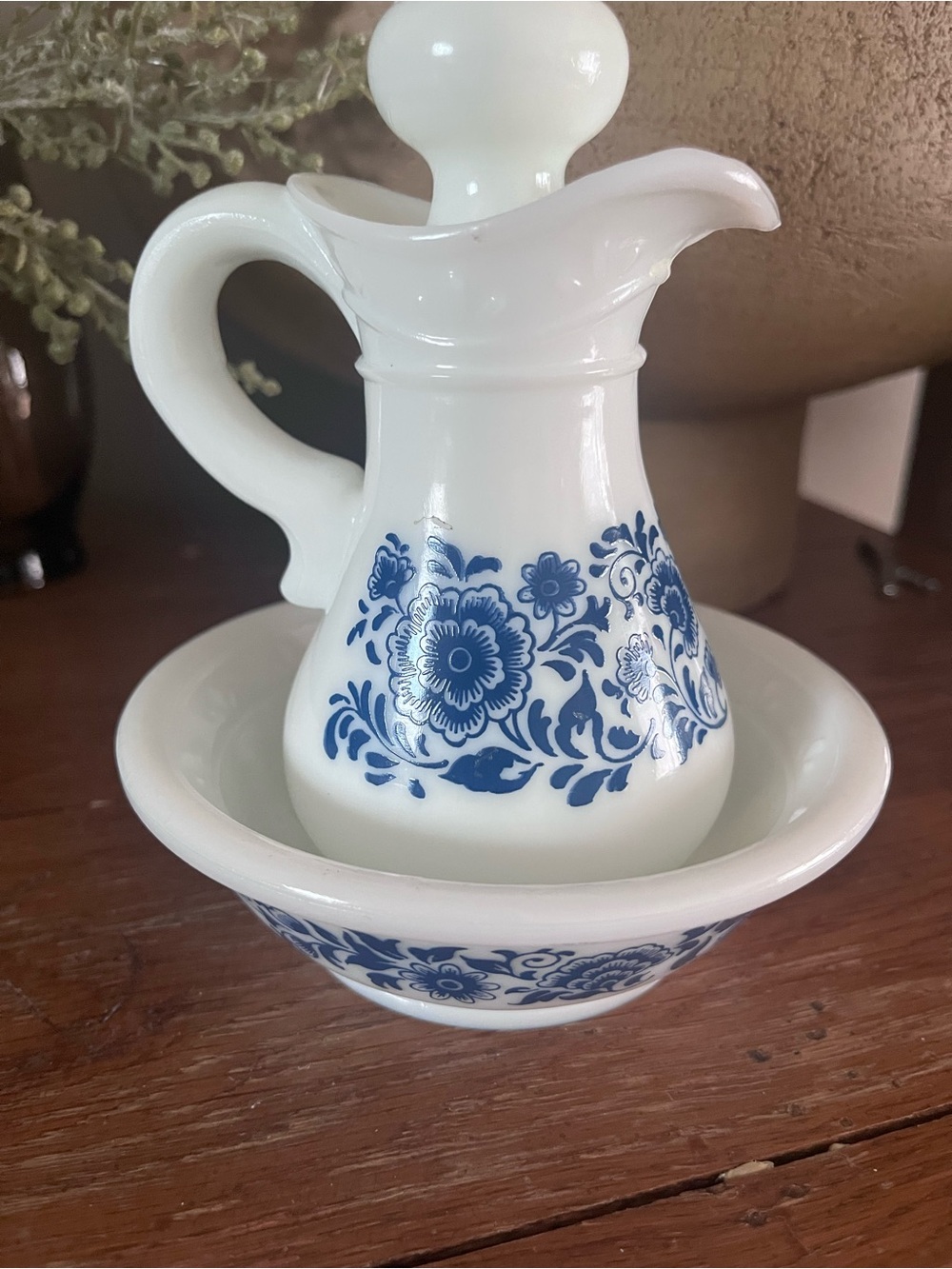 Avon White and Blue Floral small decanter and bowl